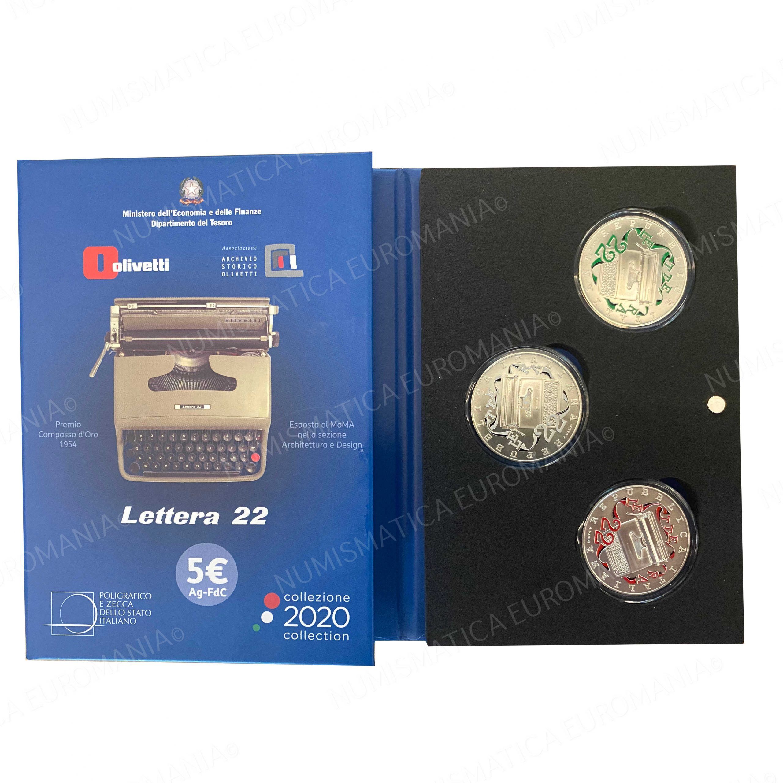 5 EURO ITALIA 2020 LETTERA 22 OLIVETTI - TRITTICO 3 MONETE - immagine 2